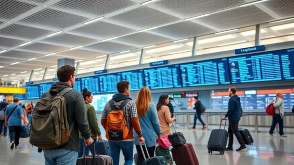 Travelers at airport examining flight information screens