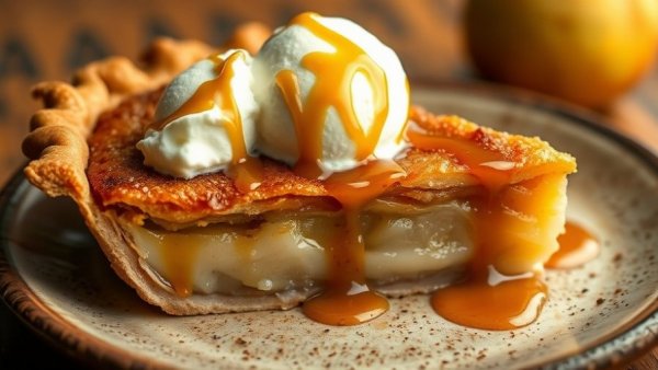Indulgent Bourbon Salted Caramel Pear Pie with ice cream.