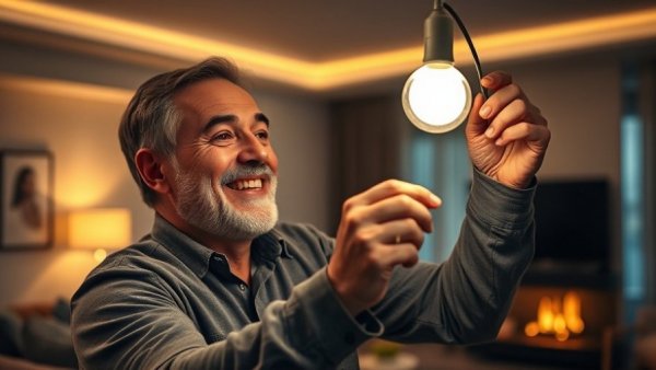 Man installing LED lightbulb in dimly lit room, saving money on energy.
