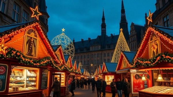 Christmas market tents in Germany lit up with stars, evening scene.