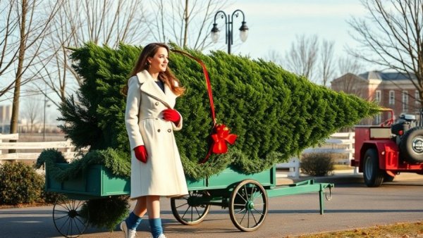 Stylish woman walking beside 2025 Christmas tree on green wagon