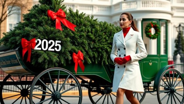 White House Christmas tree 2025 arriving by carriage, woman in white coat.