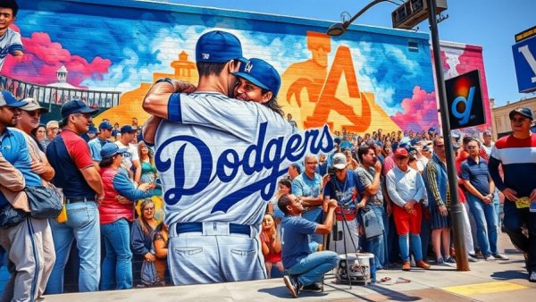 Vibrant Dodgers mural in Los Angeles depicting two players and artist.