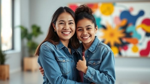 Mother and daughter in denim, smiling in front of colorful art.