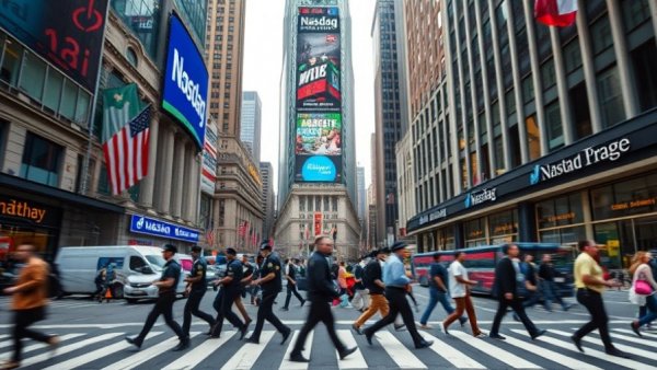 Busy urban street with Nasdaq display, San Jose news events