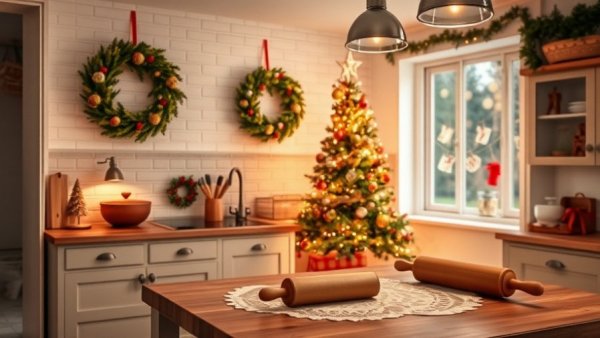 Festive kitchen with Christmas tree and baking setup, Christmas Simmer Pot Recipe.