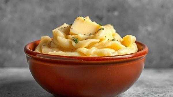 Creamy slow cooker mashed potatoes with butter and thyme in a bowl.