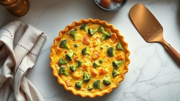 Savory vegetable pie on marble countertop with pie server.