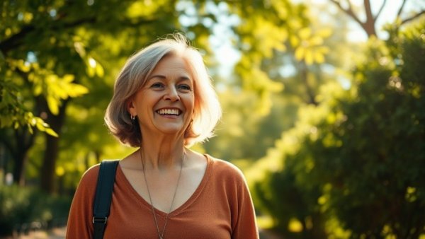 Middle-aged woman walking in a sunlit park, representing healthy lifestyle for blood pressure guidelines 2025.