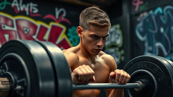 Young athlete performing a deadlift with intense focus in a colorful gym.
