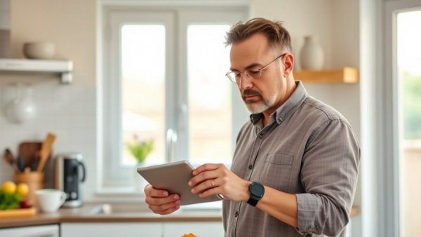 Middle-aged man using smart tablet in kitchen, engaging with smart home technology.