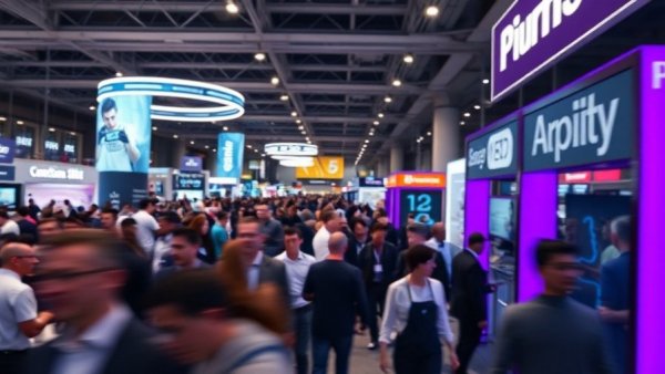 Technology conference scene with blurred attendees and AI signage.