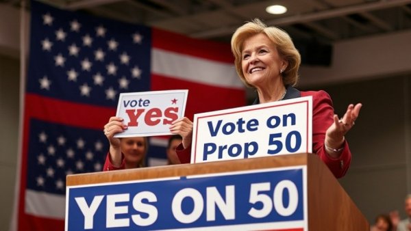 Campaign event for California Proposition 50 with speakers and flag.