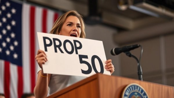 Female speaker advocating for Prop 50 with American flag backdrop.