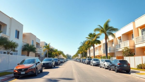 Sunny suburban street view with parked cars and palm trees.
