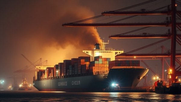 Thick smoke over a cargo ship at Los Angeles port fire, emergency response scene.