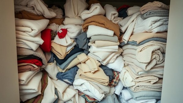 Disorganized linen closet with cluttered sheets and towels.