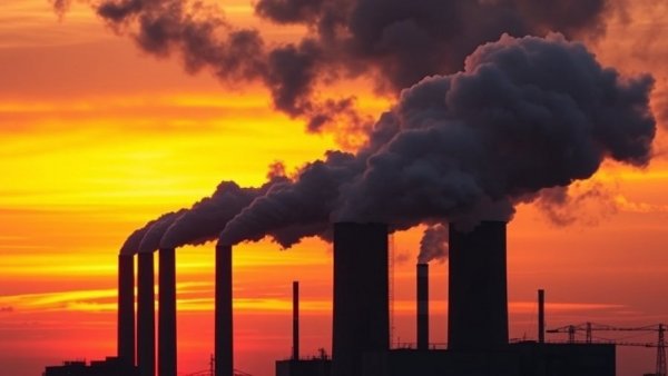Industrial smokestacks emit smoke at sunset highlighting pollution.