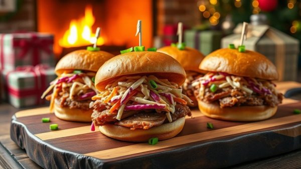 Festive slow-cooker pulled pork sliders by the fireplace.