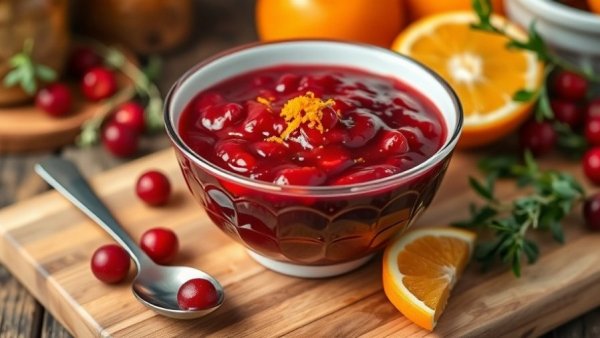 Vibrant homemade orange cranberry sauce with zest garnish.