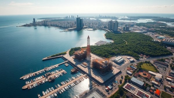 Aerial view of Long Beach oil facility and marina, cityscape background.