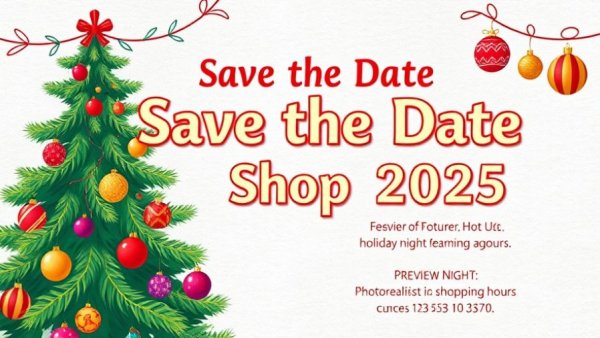 Myers School of Art Holiday Shop Save the Date card with a festive holiday theme.