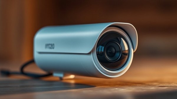 Modern smart home device camera on wooden surface