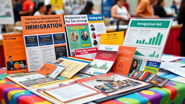 Colorful materials promoting California educational aid for undocumented students at a college fair.