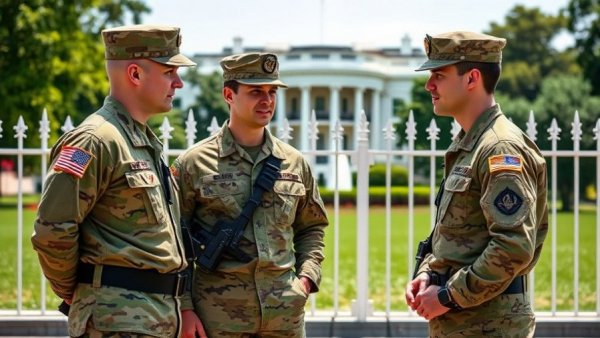 National Guard soldiers talking to civilians near White House fence.