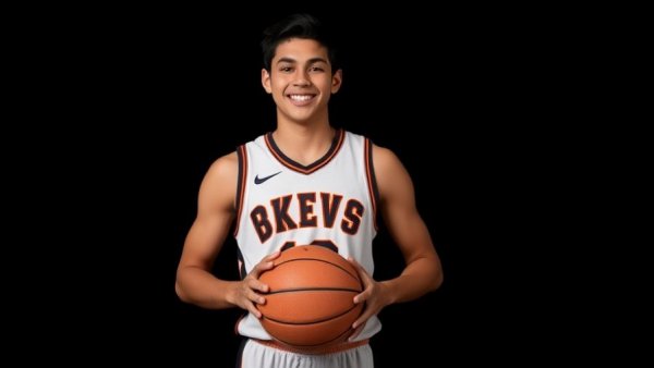 Young athlete smiling with a basketball in uniform.