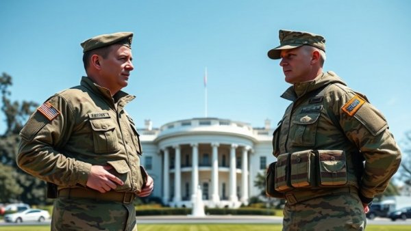 National Guard members engaging with civilians by the White House on a sunny day.