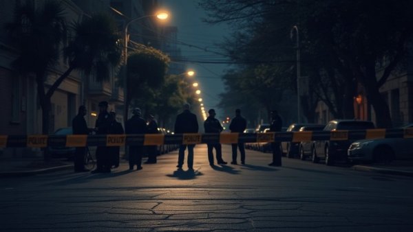 Urban street with police tape at night during DElarosa ambush killing.