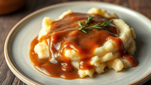 Perfect homemade turkey gravy on mashed potatoes.