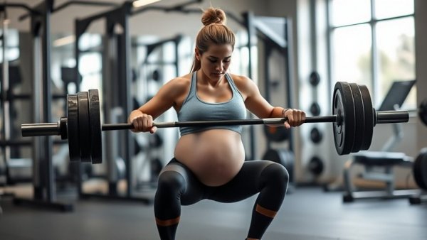 Pregnant woman focused on lifting weights while performing a squat in a gym.