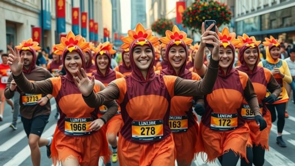 Runners in turkey costumes enjoying the Dana Point Turkey Trot 2025.