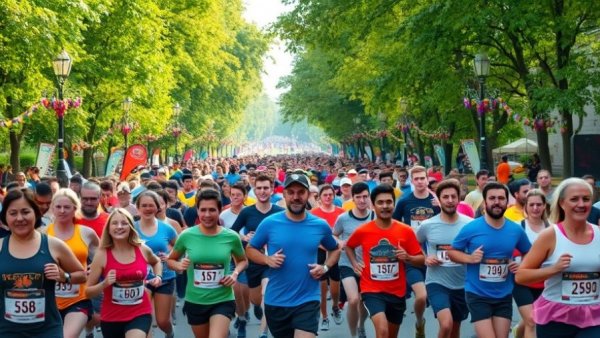 Energetic crowd of runners in the Rose Bowl Turkey Trot race.