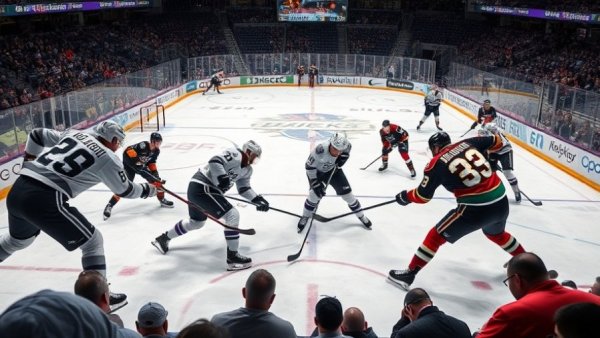Kings Ducks rivalry Freeway Faceoff during intense hockey match.