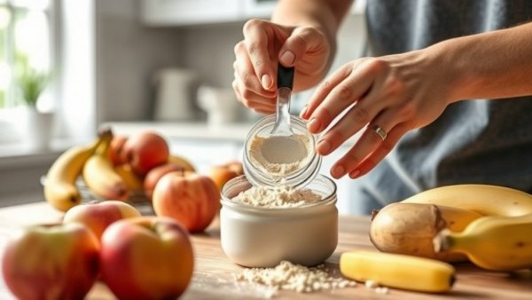 Protein intake on GLP-1 medications: scooping protein powder.