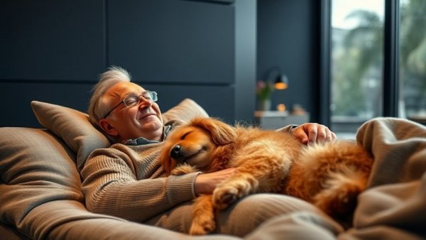 Older man and fluffy dog resting peacefully in a modern room.