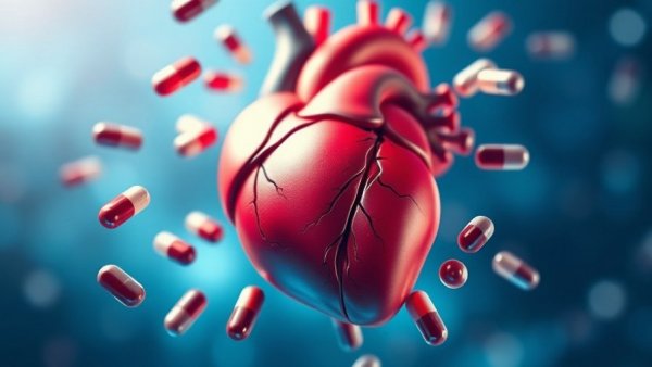 3D heart with vitamin D3 capsules for heart health in a futuristic setting.