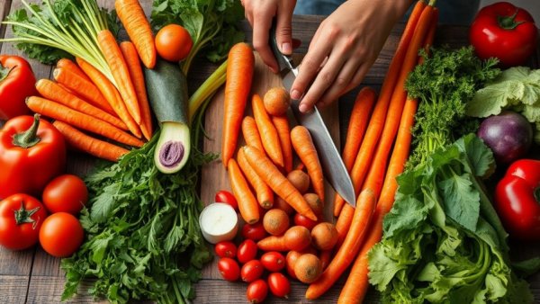 Fresh vegetables and spices for zeaxanthin immune benefits, top view.