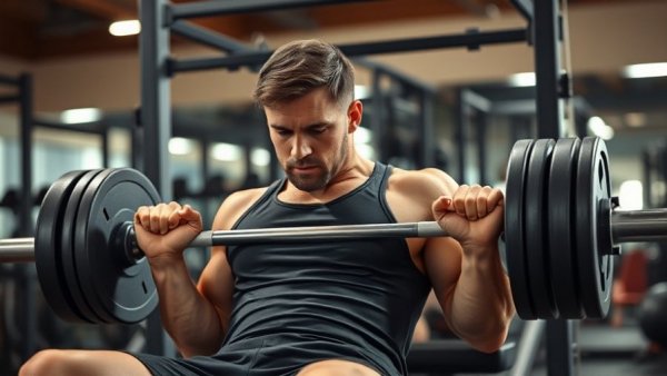 Man performing barbell bench press in gym setting