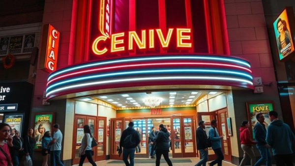 Neon-lit theater in Southern California at night.