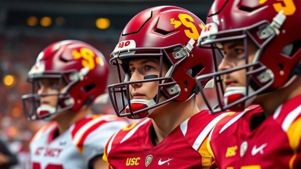 USC football players focused before game, representing USC UCLA Rivalry Tradition.