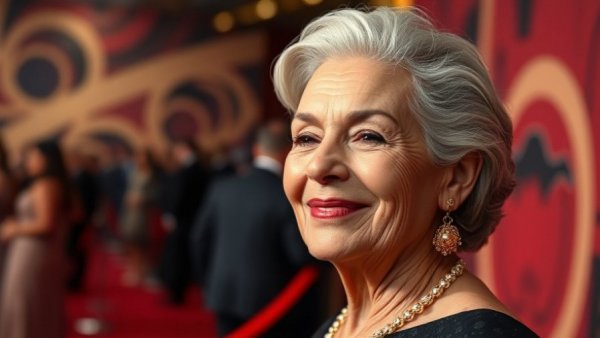 Elegant older woman with gold earrings on the red carpet.