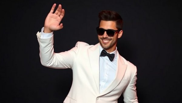 Stylish man smiling at event in a white suit and sunglasses.