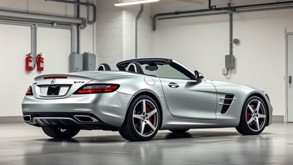 Mercedes Roadster seized by LA FBI in clean garage, sleek design.