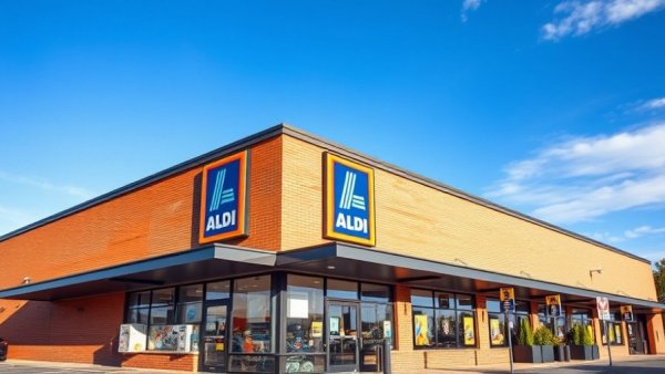 Modern Aldi store in bright daylight, featuring exterior design.