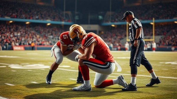 Football game moment: Chargers player kneels, assisted by teammates.