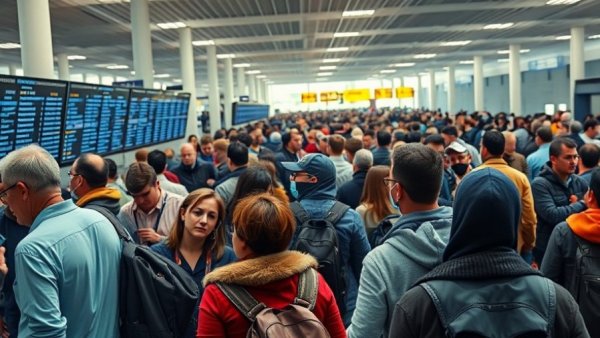 Busy airport scene with travelers checking 'flights canceled and delayed' board.